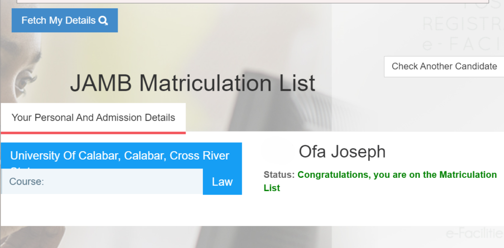 ON jamb matriculation list